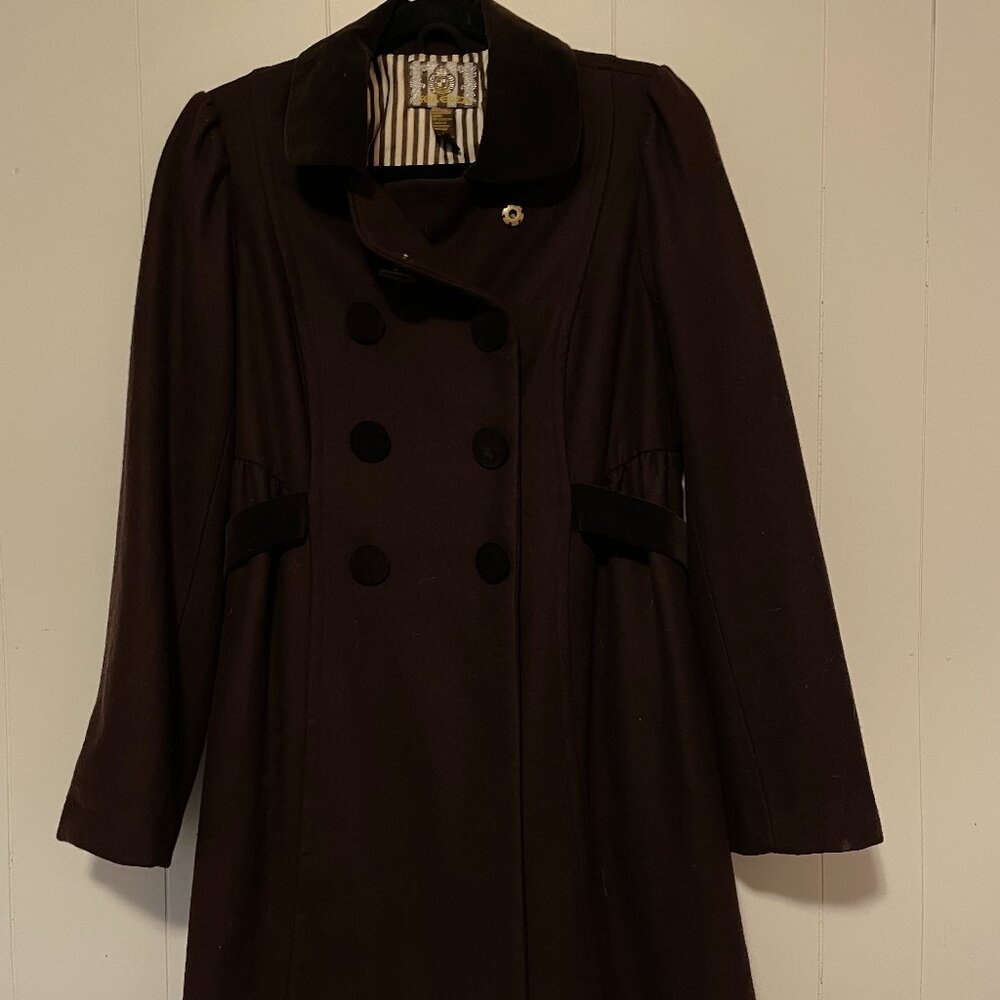 Vintage Forever Classic Brown Double Breasted Wool Pea Coat Snap Buttons Size L